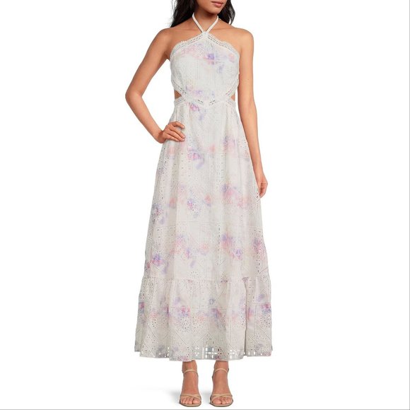 GIANNI BINI Delaney Embroidered Eyelet Halter Maxi DRESS Gown Size 8 NEW $259 - Picture 4 of 12